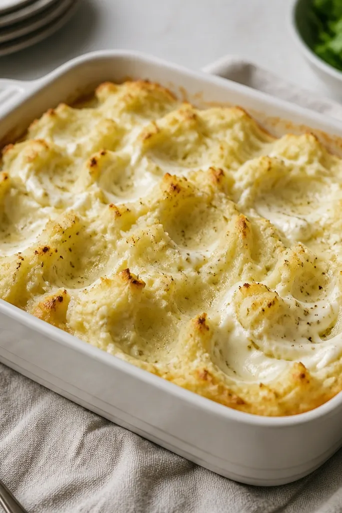 A casserole dish with uneven, spooned mounds of mashed potatoes, lightly browned edges, and a few visible sour cream swirls on top.