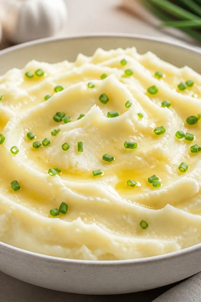 Mashed potatoes topped with a thin layer of pale-golden garlic butter, with tiny green chive pieces scattered across the surface.