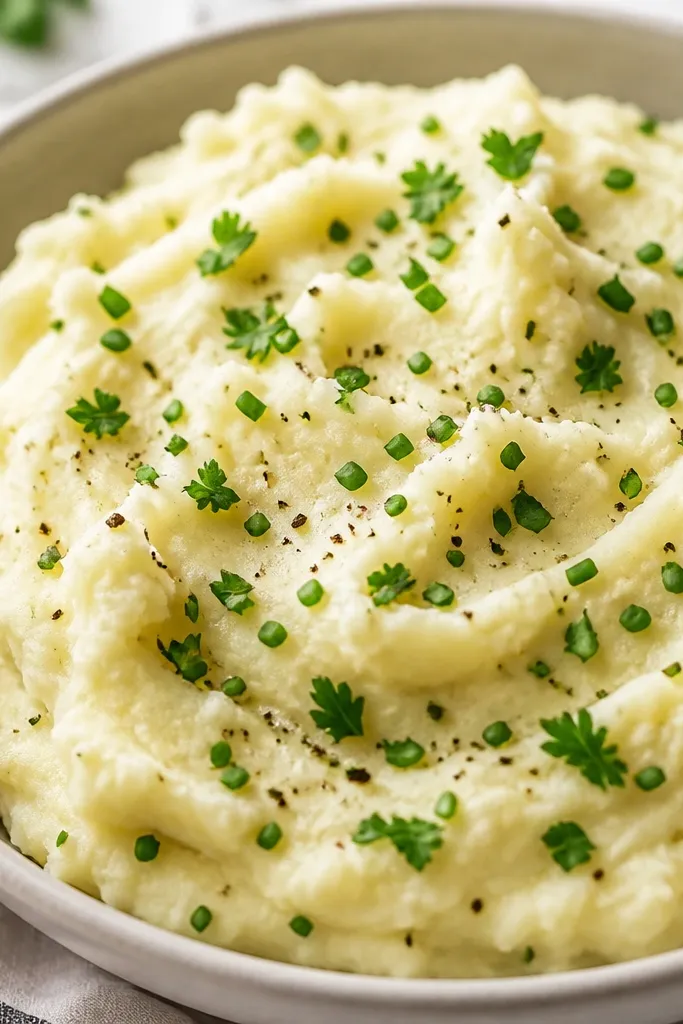 A mound of mashed potatoes with chopped chives and parsley scattered like confetti, plus a few cracks of black pepper on top.