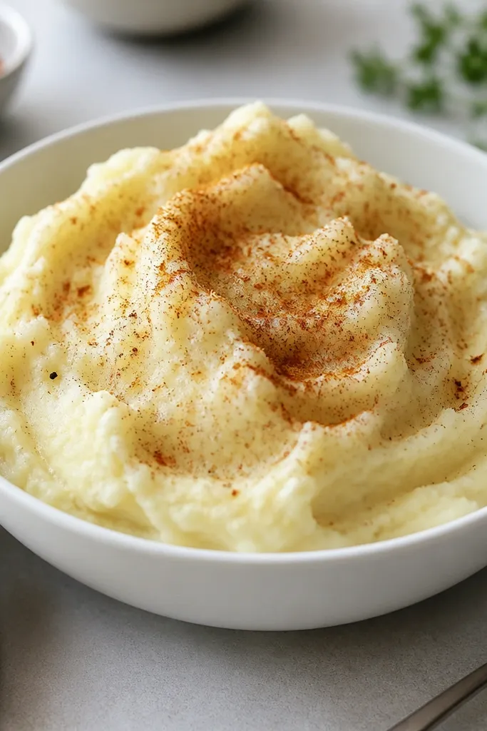 Mashed potatoes with a light dusting of smoked paprika and visible black pepper specks, served in a white bowl.