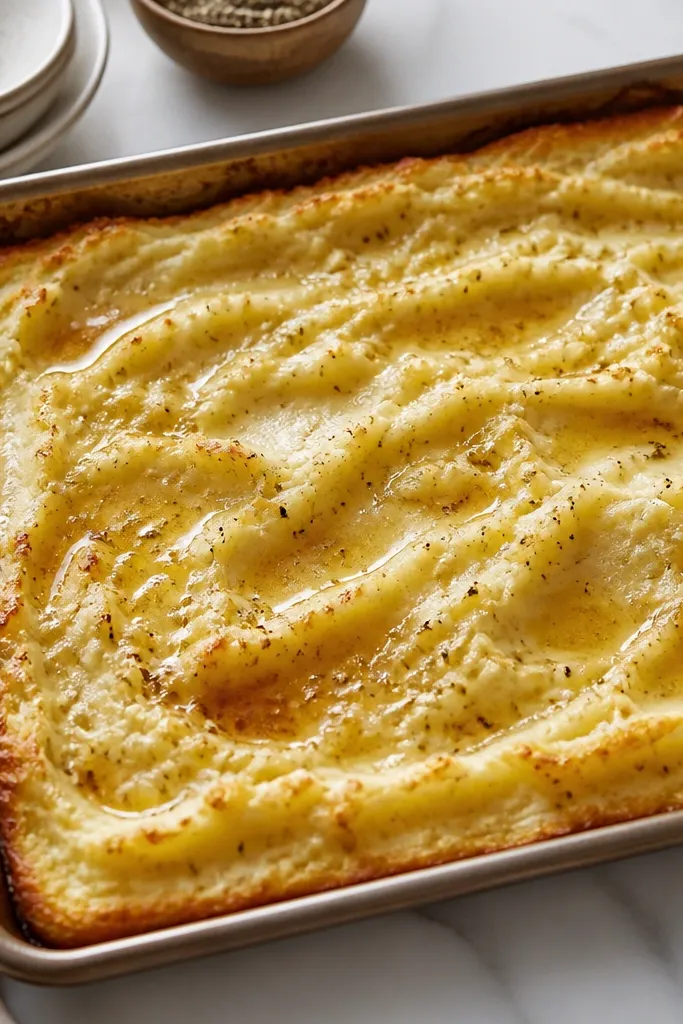A sheet-pan style layer of mashed potatoes with golden-brown edges and a creamy center, finished with a glossy drizzle of brown butter.