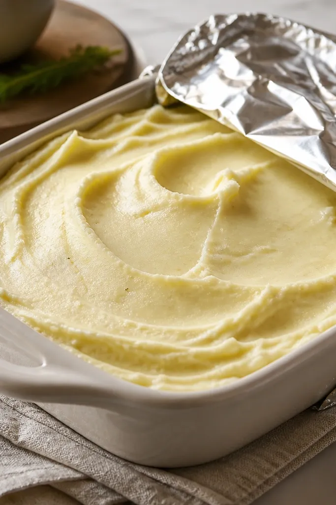 A foil-covered baking dish of mashed potatoes, with the foil peeled back to reveal a smooth, glossy top that looks freshly whipped.