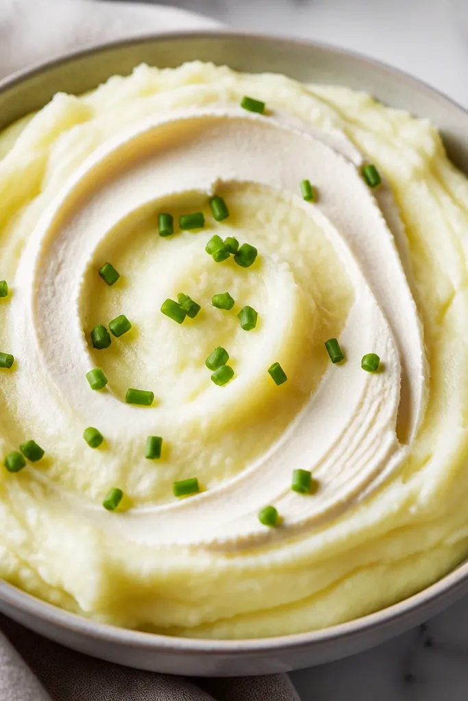 Mashed potatoes with a pale horseradish swirl on top, plus a light sprinkling of chives.