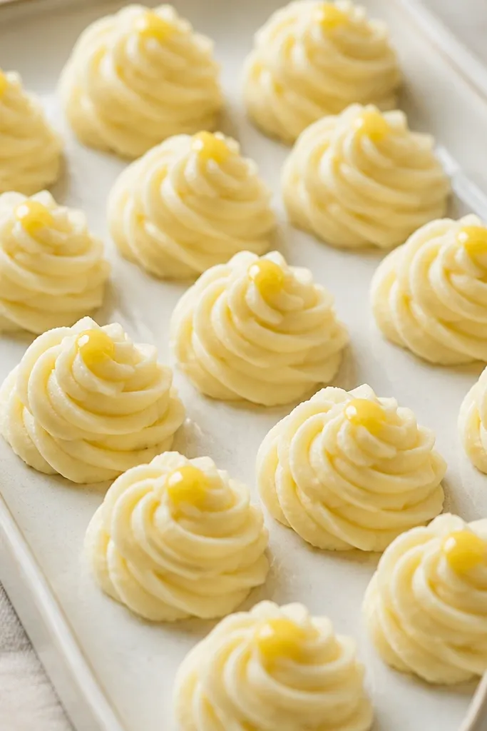 A tray of small quenelles or rosettes of sour cream mashed potatoes piped using a pastry bag, each topped with a tiny dot of butter.