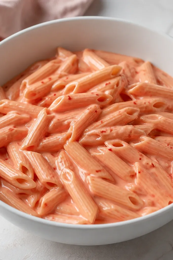 A white bowl filled with penne in a pale blush pink sauce. Tiny red chili flakes are visible on the surface, and the sauce looks glossy rather than watery.