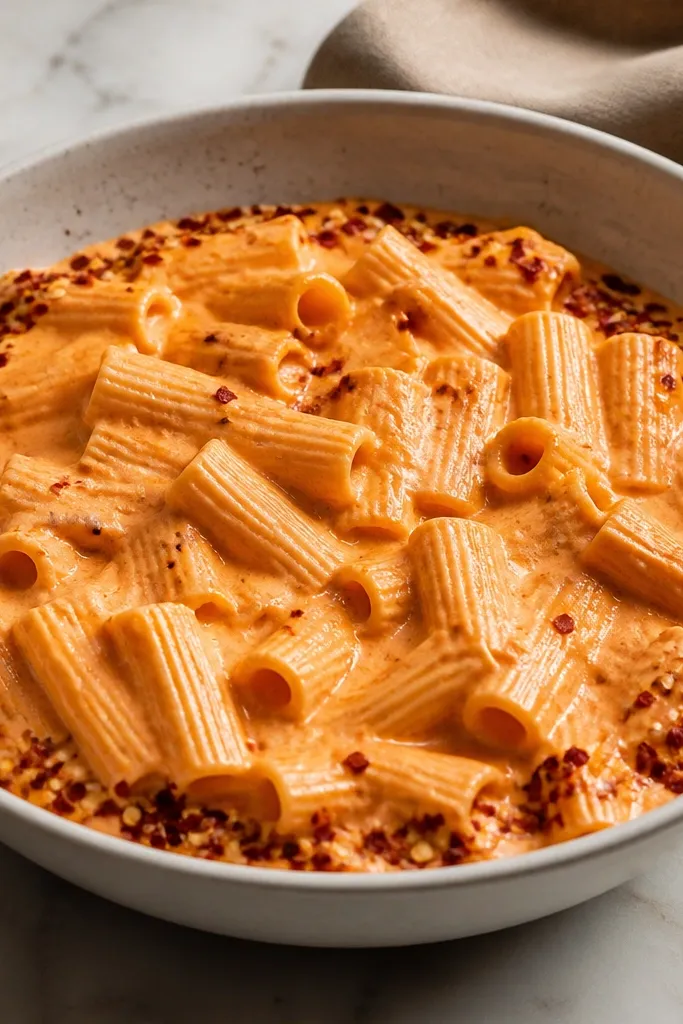 A bowl of vodka pasta where a thin ring of red pepper flakes sits on top near the rim, with a few flakes drifting into the sauce.