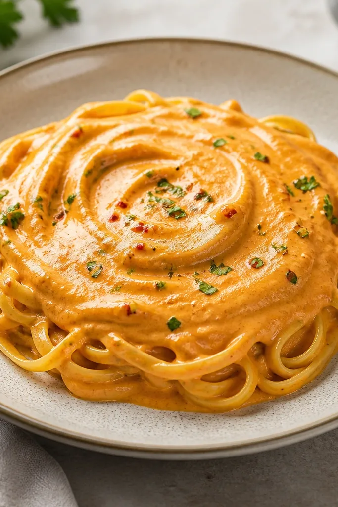 A plated portion where the sauce has a faint spiral swirl on top, with a few red chili flecks peeking through the creamier center.