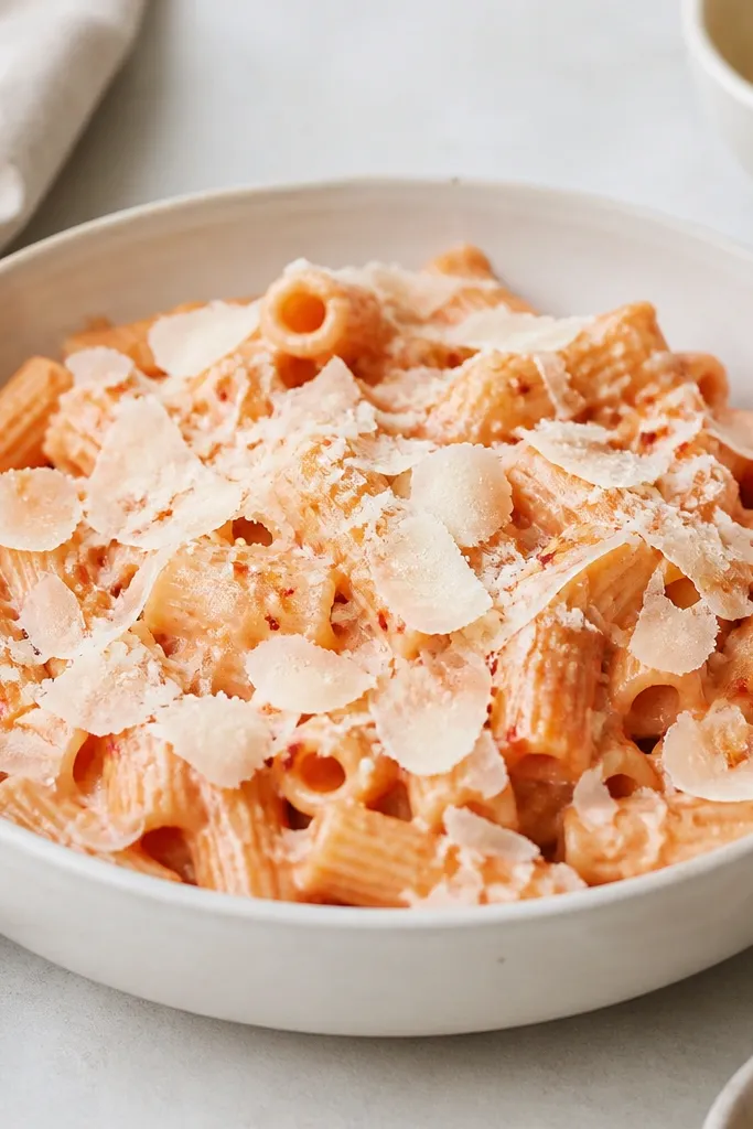 A bowl of pink vodka pasta with thin Parmesan shavings scattered like snow, with a few chili flakes visible beneath the cheese.