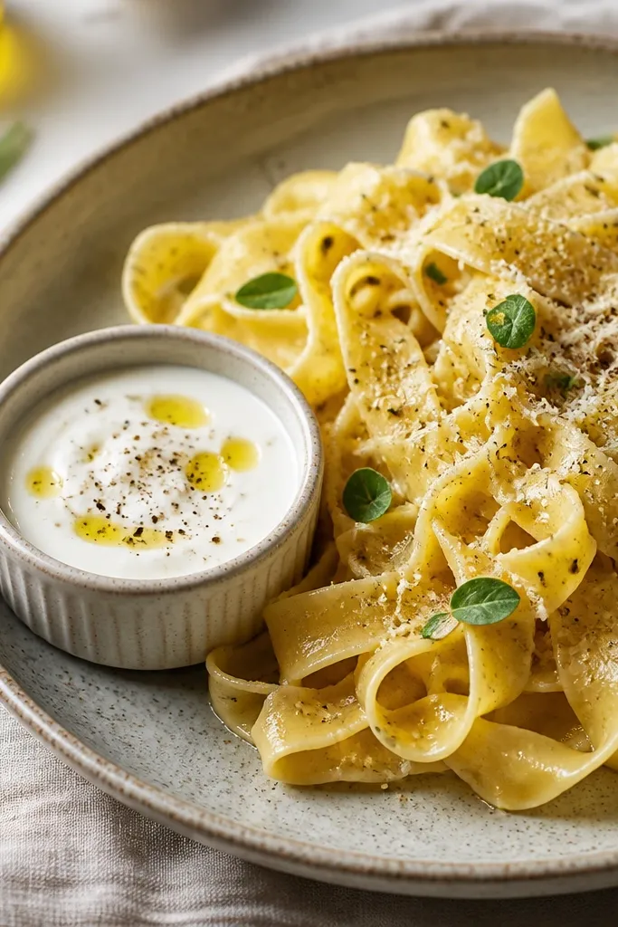 A small ramekin beside the pasta filled with pale white lemon yogurt, with a tiny drizzle of olive oil and black pepper on top.