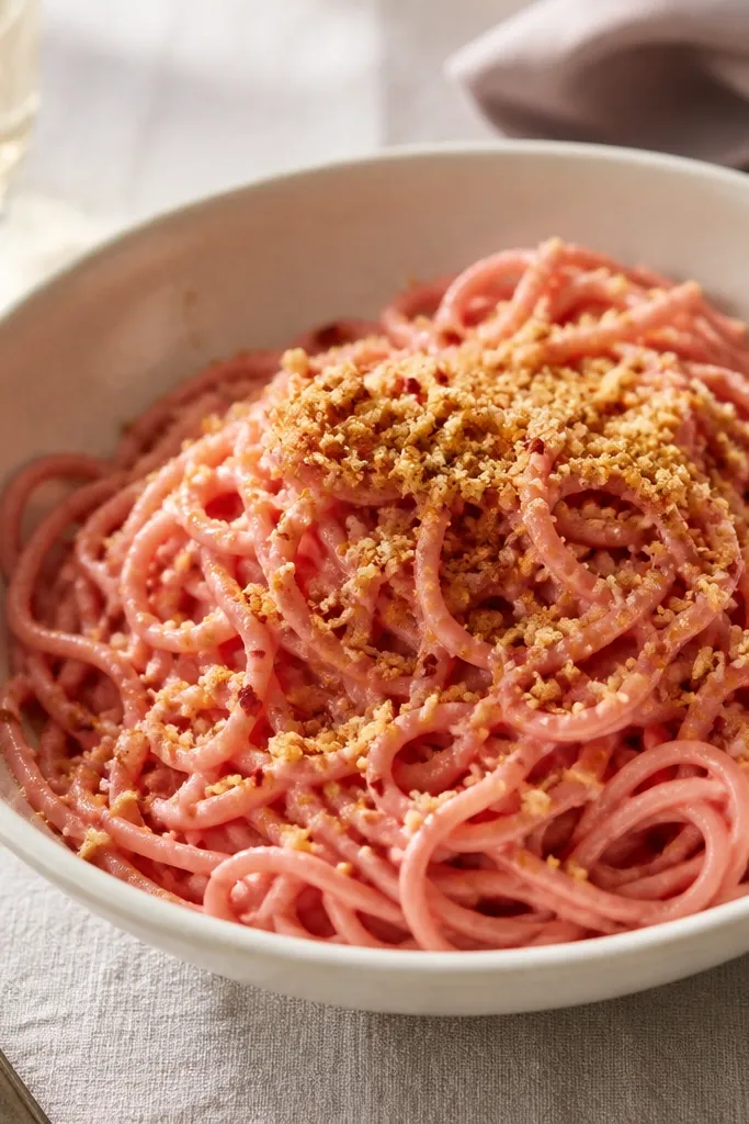 A bowl of pink pasta with a light golden dusting on top that looks like toasted crumbs, with chili flakes peeking through.