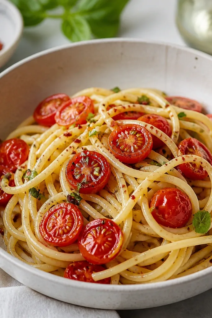 A bowl of pasta topped with glossy red cherry tomato halves that look lightly blistered, with a few chili flakes and herbs on top.