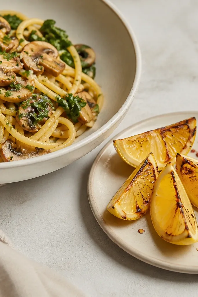 A plate beside the pasta with charred lemon wedges showing browned edges and glossy juice, with a few chili flakes scattered nearby.
