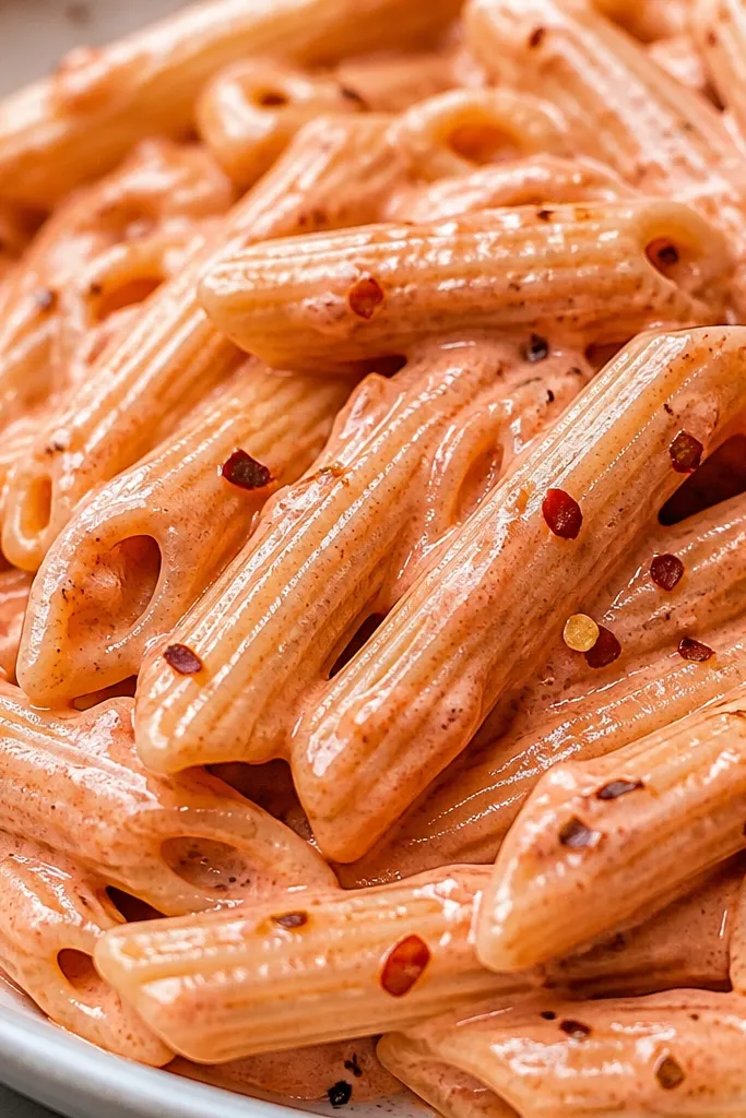 A close-up plate where penne ridges are clearly coated in pink sauce. Red pepper flakes sit in the sauce grooves.