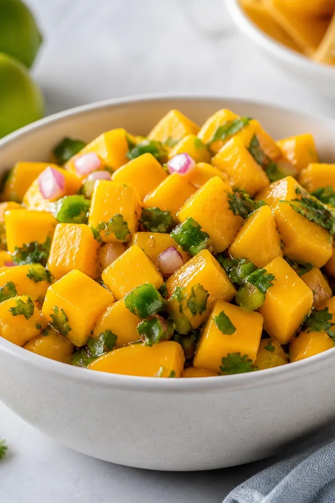 A white bowl filled with chunky mango salsa. The mango pieces are orange-yellow, with small green flecks from jalapeño and cilantro, and a glossy sheen from lime.
