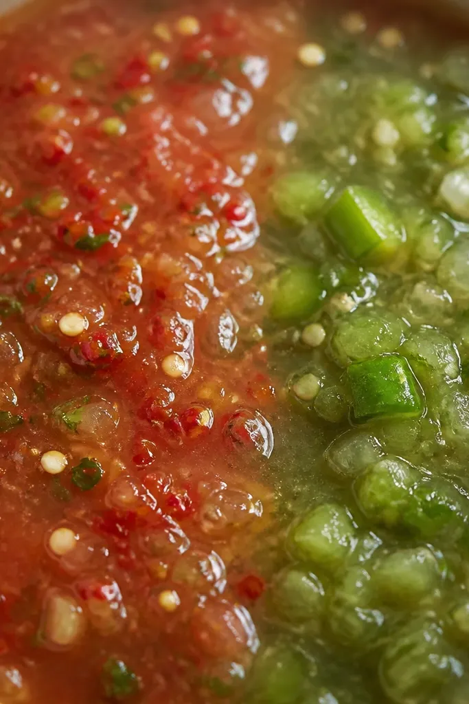 A close-up of salsa where one side has tiny red chili flecks and the other side has green pepper pieces, showing two different pepper textures.