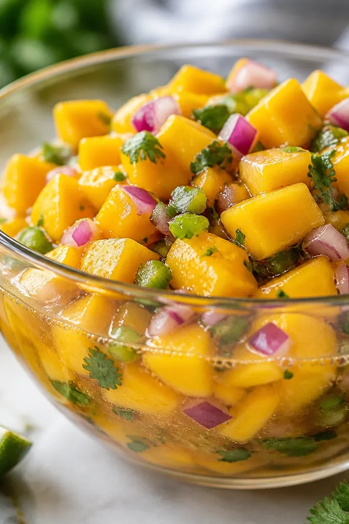 A glass bowl with mango salsa catching light, with small bubbles of juice at the edges and visible onion bits.