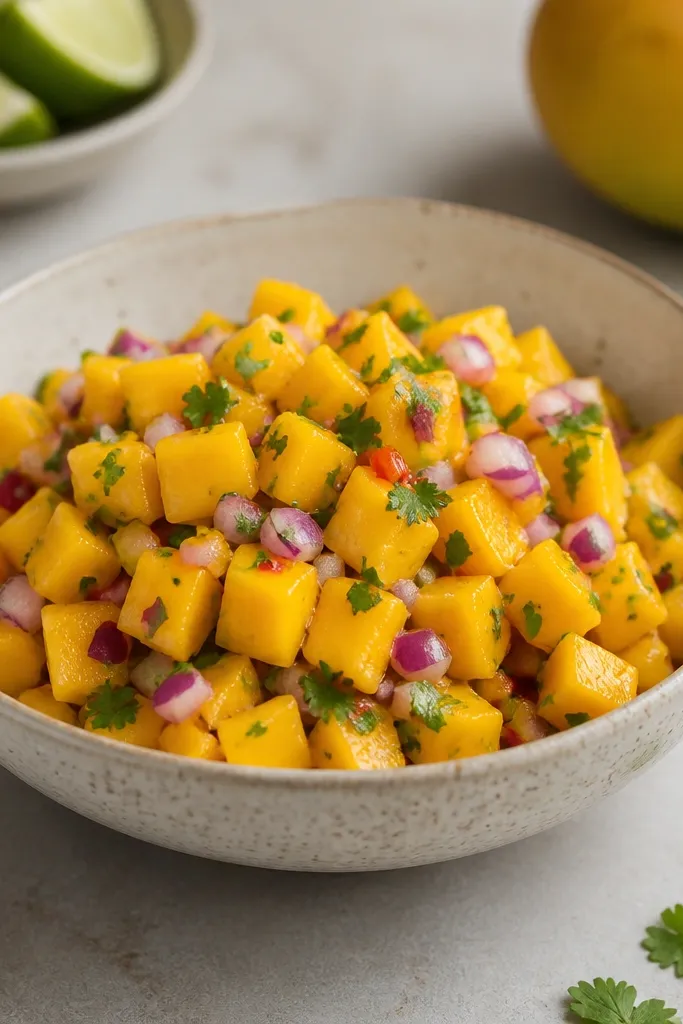 Salsa with thinly diced red onion scattered throughout, creating tiny purple dots among the orange mango.