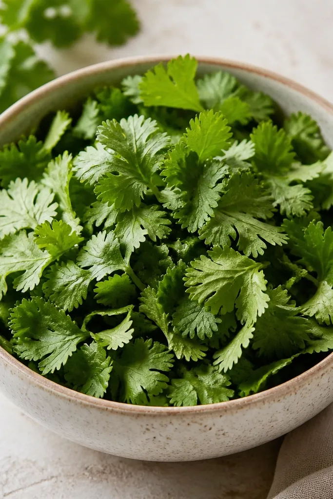 A bowl where cilantro looks fresh and leafy, with small torn pieces visible on top, not chopped into dust.