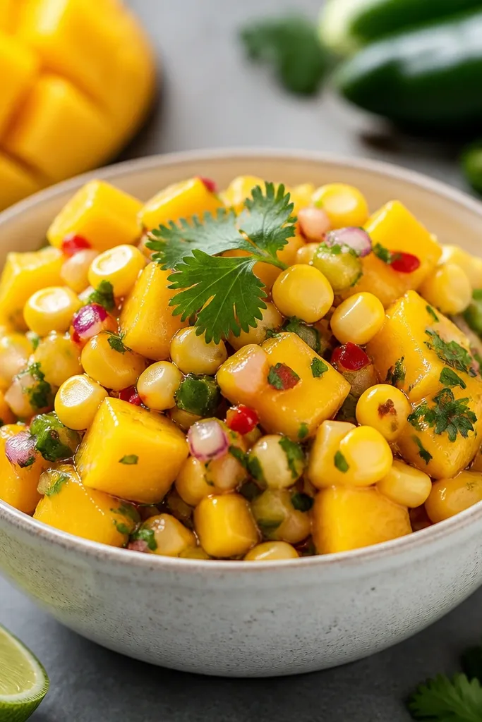 Mango salsa with visible yellow corn kernels mixed in, plus green jalapeño bits and red chili flecks.