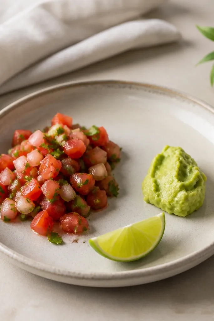 A serving plate with salsa on one side and a small spoonful of mashed avocado on the other, plus a lime wedge.
