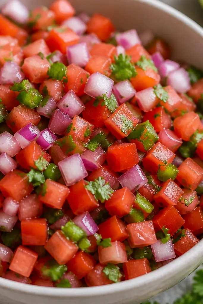 A close-up of salsa with uniform 1/4-inch cubes, showing clean edges and no mashed fruit.