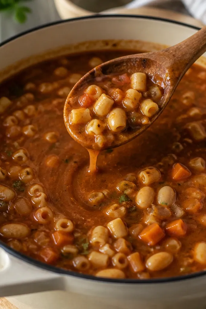 A pot of pasta fagioli with a dark red-brown broth. Cannellini beans are visible, and a wooden spoon leaves a slow trail when lifted. Small pasta pieces cling to the spoon.
