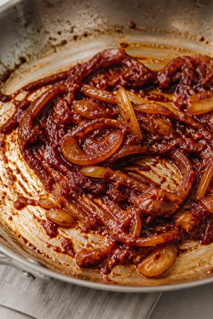 A skillet with glossy onion and a dark red tomato paste smear. You can see tiny browned bits stuck to the pan edges. The mixture looks darker than raw paste.