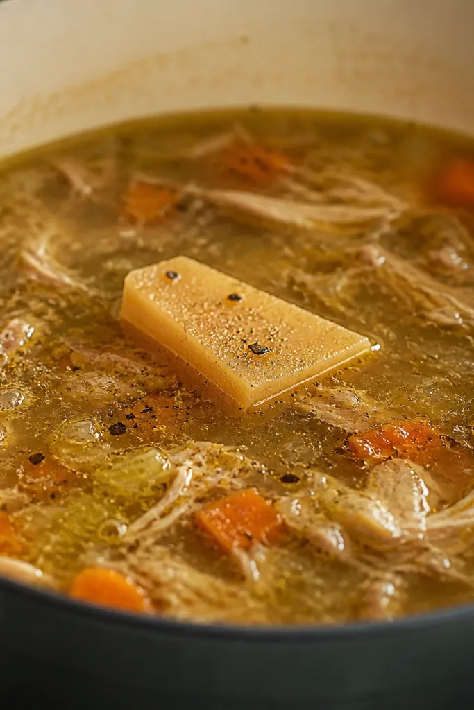 A small wedge of Parmesan rind floating in the simmering pot, with pepper specks on the surface. The broth looks speckled and slightly glossy.