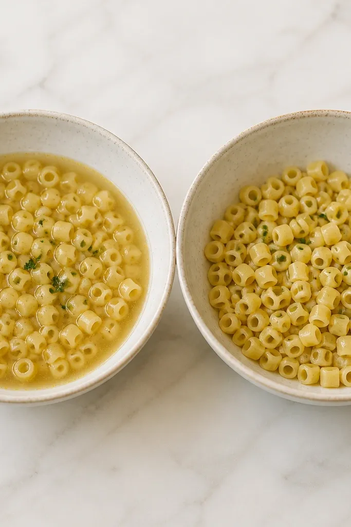 Two bowls side by side: one has pasta ditalini at the bottom with broth poured around it, and the second shows pasta still distinct and not cloudy. The pasta pieces look separate, not mushy.