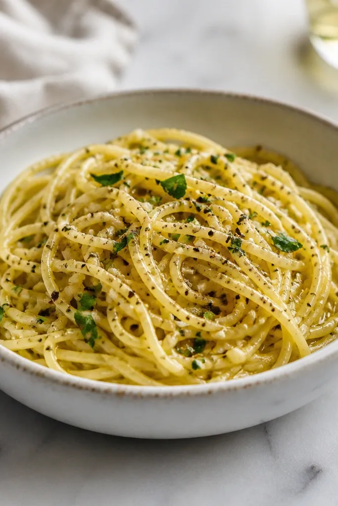 A finished bowl with a visible dusting of black pepper and tiny garlic bits. A thin sheen of olive oil glints on the surface.