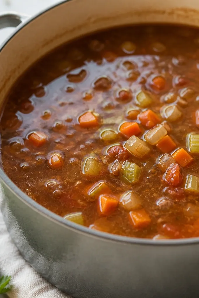 A pot where the diced vegetables are visible in the broth: small orange carrot cubes and pale green celery pieces. The color is warm red-brown, not bright orange.