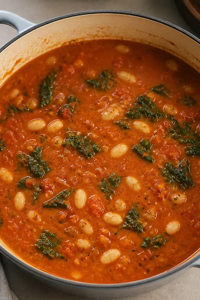 A pot with a thicker red tomato base. You can see small tomato bits, not big chunks, and the broth looks uniform and cloudy from beans.