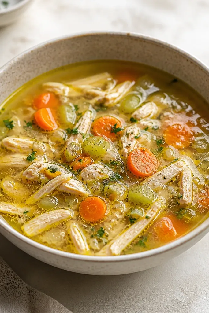 A bowl with a thin, glossy olive oil shine around the edges and on the surface of the broth. Light reflects off the top.