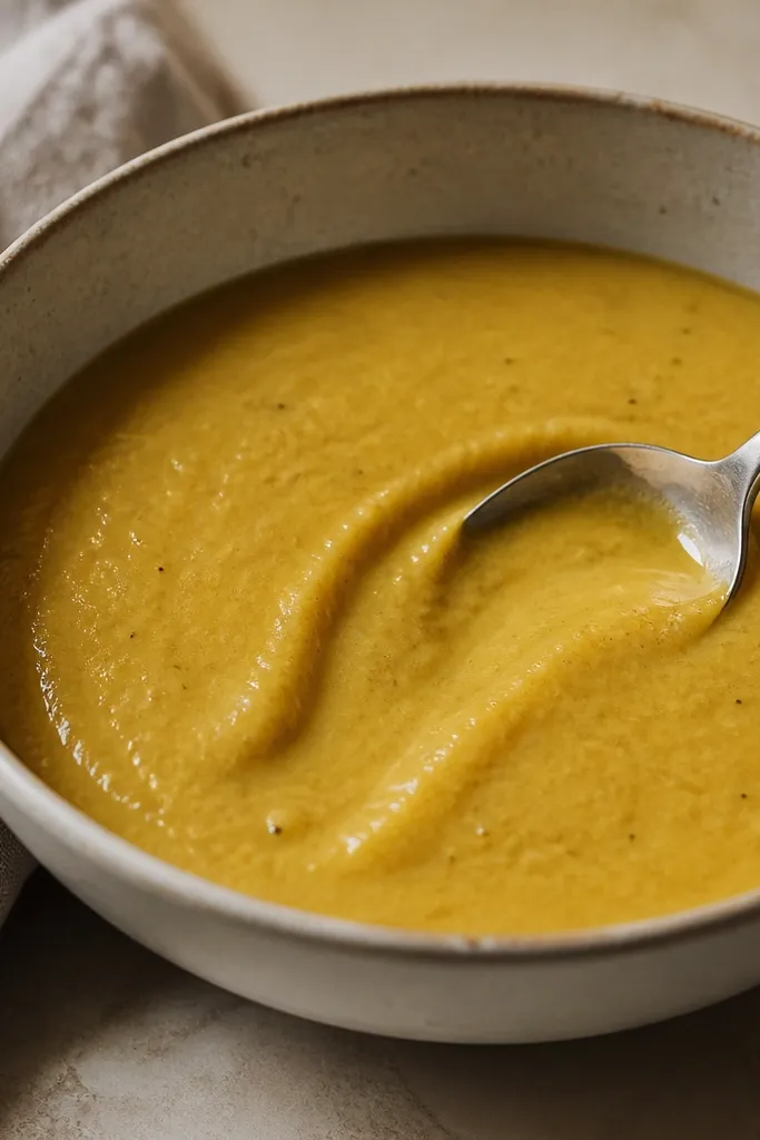 A container of soup with a thick, spoon-stopping consistency. When a spoon drags through, the line stays visible for a second before filling in.