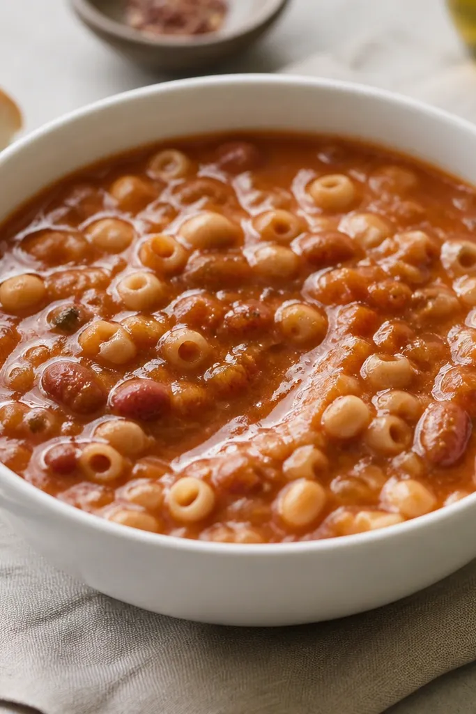 A white ceramic bowl filled with traditional pasta fagioli. The broth is red-brown, slightly glossy, and thick enough that a spoon dragged through it leaves a slow trail before it levels out. Small beans and tiny pasta pieces are visible.