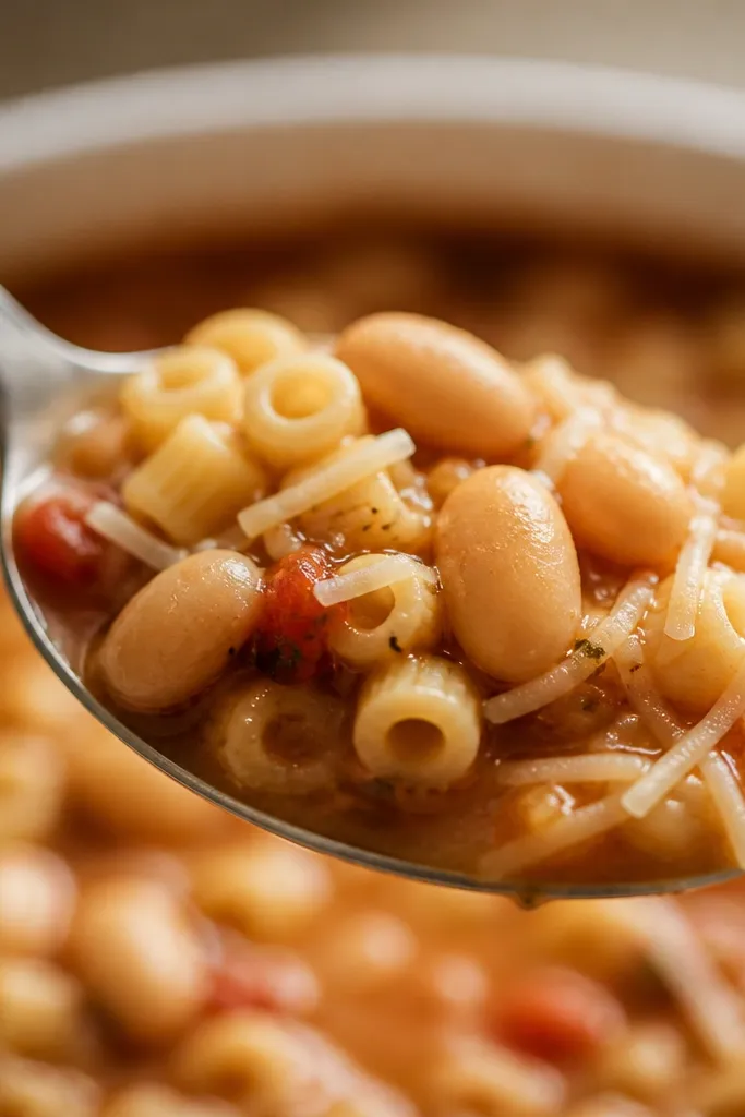 A close-up spoonful of pasta fagioli showing several intact beans (not mush), tiny ditalini pieces, and a few strands of tomato-coated broth. The beans have a matte surface and keep their shape.