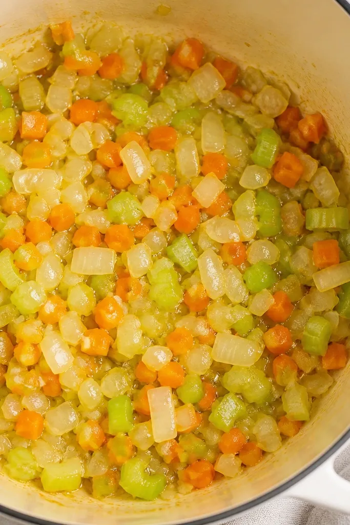A pot view of sautéed onion, carrot, and celery in olive oil. The onion pieces look translucent and shiny, not browned, with tiny flecks of softened vegetable throughout.