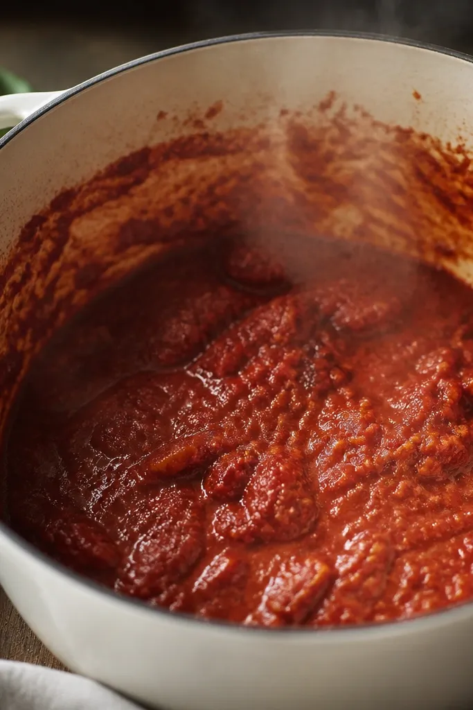 A simmering pot where crushed tomatoes have turned darker and thicker, clinging to the sides. You can see steam and a darker red paste at the bottom edges.