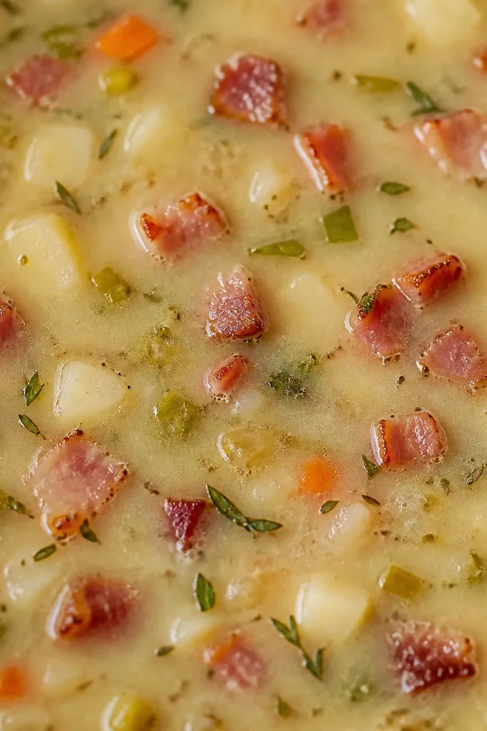A close-up of browned pancetta pieces suspended in the soup base. There's no shiny oil slick on top; the pieces look lightly crisp at the edges and evenly distributed.