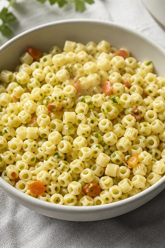 A bowl where tiny ditalini/tubetti pieces are evenly mixed and still hold their shape. The pasta pieces look hydrated but not swollen into a paste.