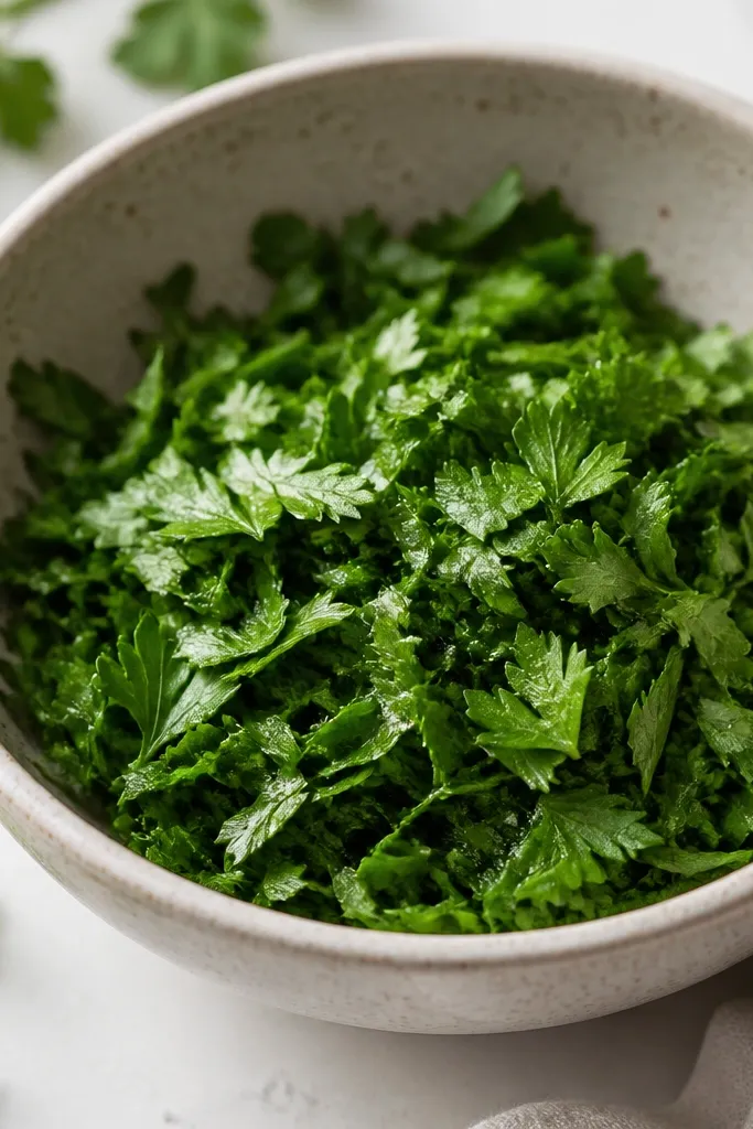 A bowl with bright green flat-leaf parsley sprinkled on top. The parsley looks fresh and slightly wilted at the edges, not dark and soggy.