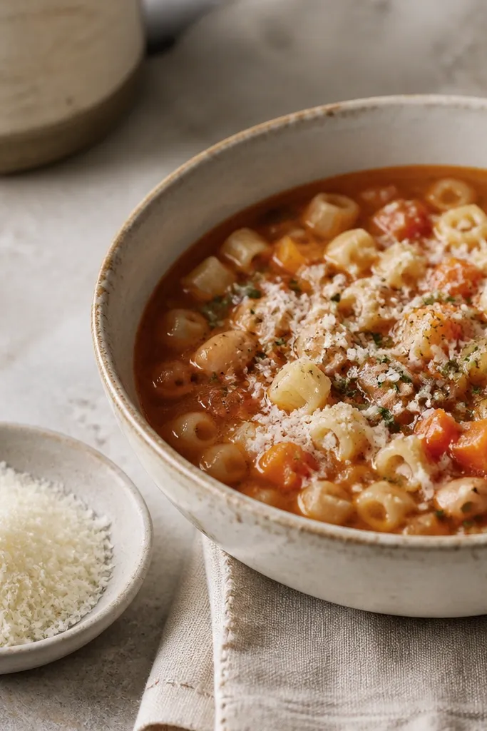 A small dish of finely grated Pecorino Romano next to a bowl of pasta fagioli, with visible pale cheese speckles on the soup surface. The cheese looks dry and crumbly, not melted into a paste.