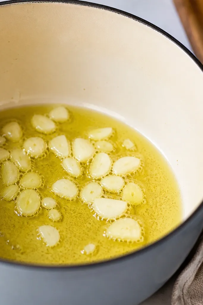 A pot where garlic is barely golden in olive oil before tomato goes in. The garlic cloves look light, not browned, with tiny bubbles around them.