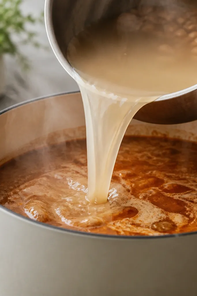 A saucepan of steaming bean liquid being poured into a larger pot. The liquid looks cloudy and pale tan, and you can see it mix with the red-brown broth base.