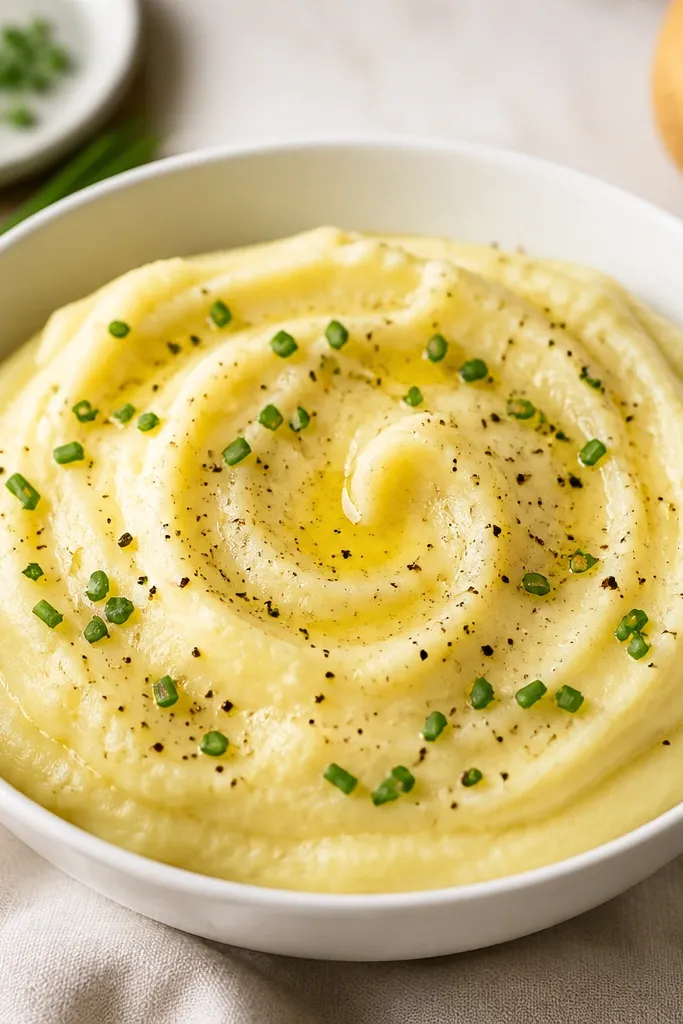 A white bowl filled with smooth, pale-yellow vegan mashed potatoes, topped with a small swirl of melted vegan butter and a dusting of black pepper and chopped chives. The surface looks shiny and spoonable.