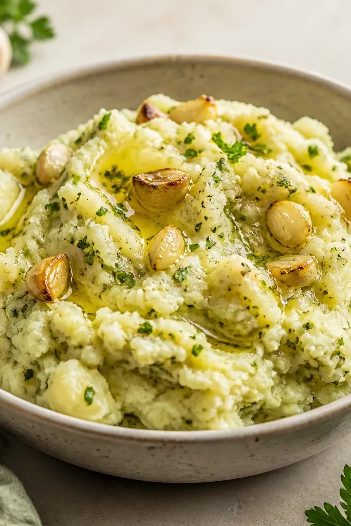 A shallow ceramic bowl of chunky mashed potatoes with visible small potato pieces, speckled green from chopped parsley and flecks of browned roasted garlic. The top has a few streaks of olive oil sheen.