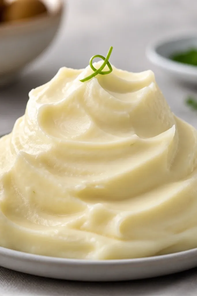 A tall mound of very smooth mashed potatoes on a plate, with soft peaks from a spoon. The color is creamy off-white, with a glossy finish and a tiny curl of chive on top.