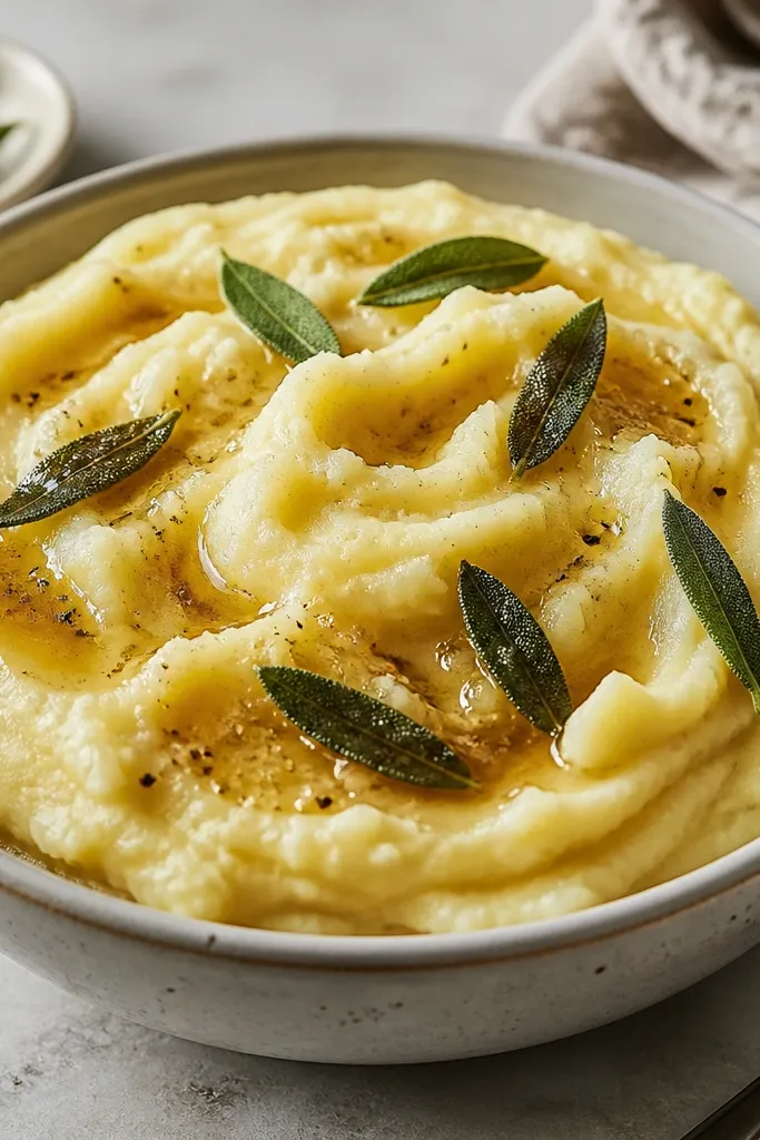 Mashed potatoes in a bowl with a golden-brown vegan butter sauce poured over the top, plus sage leaves that look slightly crisped. The mash is creamy and off-yellow with glossy edges.