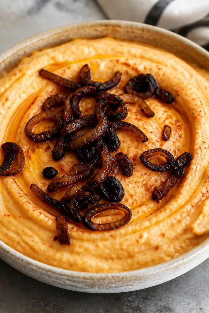 A bowl of creamy mash with a faint orange tint from smoked paprika, topped with dark caramelized onion rings or chopped charred onion. There are visible swirl lines from a spoon.