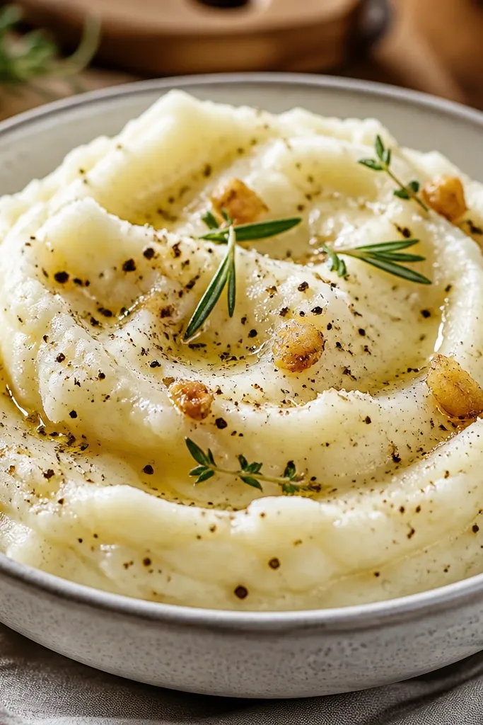 Mashed potatoes with lots of freshly cracked black pepper and a glossy sheen. Tiny golden garlic bits sit on top, with a few rosemary needles or thyme sprigs.
